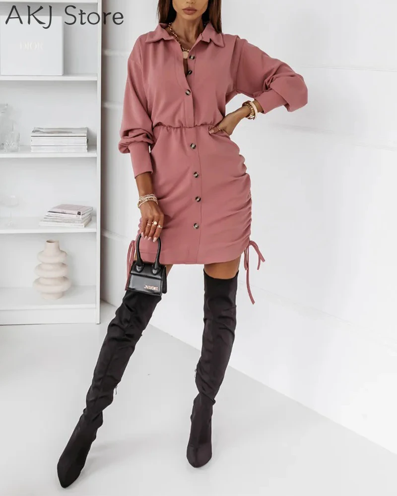 Женское Повседневное платье-рубашка на завязках с отложным воротником и