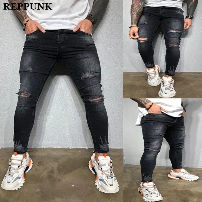 REPPUNK 2020 черные Стрейчевые облегающие джинсы мужские рваные байкерские до колена