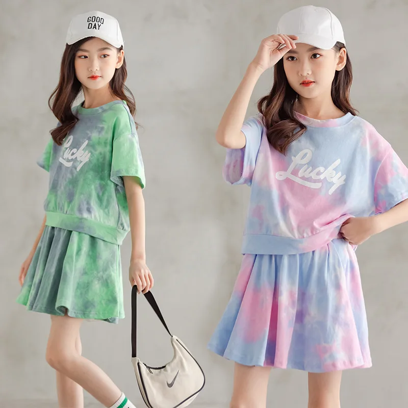 

2021 Kids Clothes Set Summer Girls Sport Suit Tie Dye Letter Tops Tees+ Skirts Two Pieces Sets Children's Clothing 6-16 Yrs