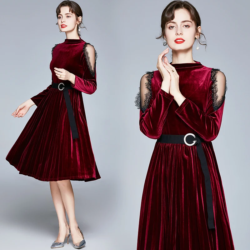 

Simgent Autumn Velvet Dress Women Long Sleeve A Line Beading Lace Up Mesh Patchwork Belted Vintage Dresses Vestidos SG1881