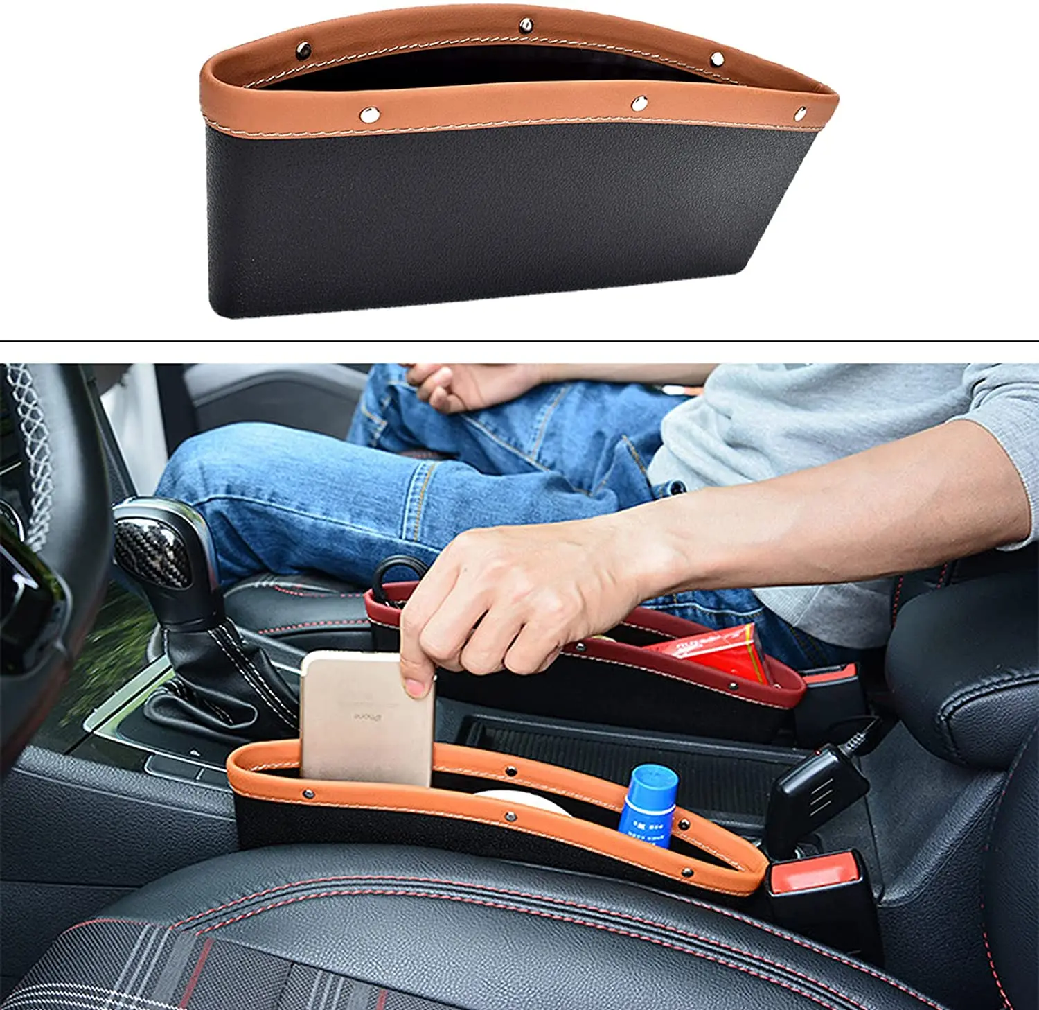 

Car Seat Gap Organizer Car Seat Seam Wedge Cup Holder Storage Organizer for Cellphones Cards Wallets Sunglasses Brown
