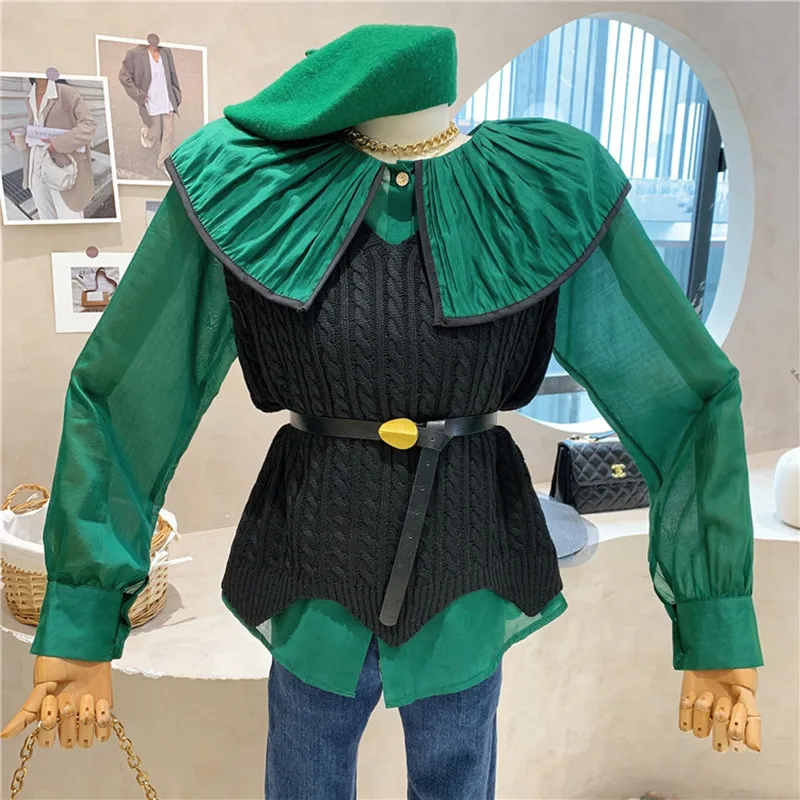 

Новинка, женская одежда, сезон осень-зима 2021, вязаная рубашка без рукавов асимметричного кроя, свитер и рубашка с большими лацканами, компле...