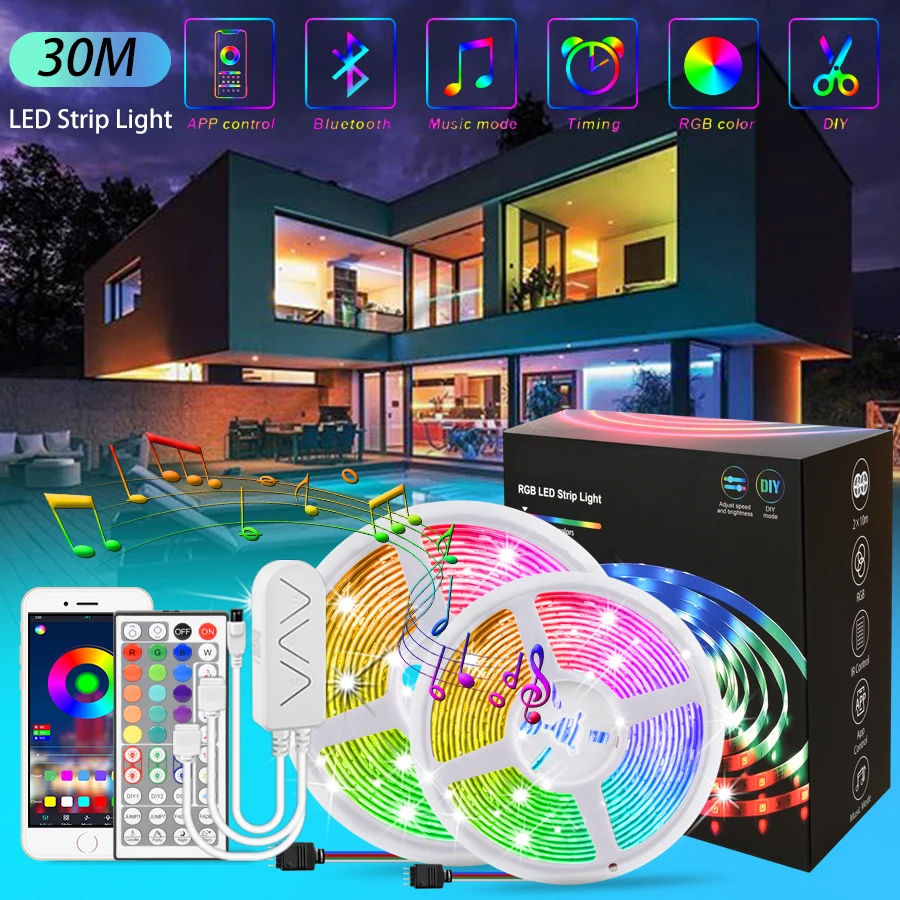 

Светодиодная лента RGB 12 В SMD 5050 Bluetooth 5 м 10 м 15 м 20 м управление через приложение Гибкая светодиодная Диодная лента освещение для декора комнат...
