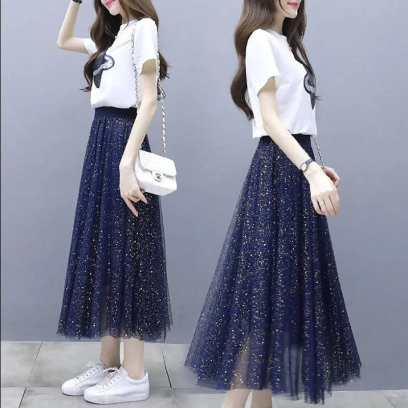 Женский комплект 2 шт. блестящая сетчатая юбка + футболка с рисунком планеты