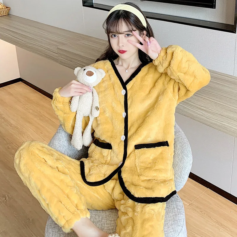 

Solid Loungewear Sleepwear For Girls Coral Fleece Pajamas Sets 2PCS Shirt&Pants Winter Homewear Pijamas Suit Casual Nightwear