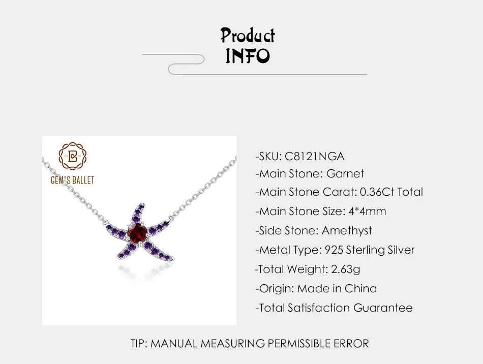GEM'S балетное ожерелье в форме морской звезды 0.36Ct натуральный гранатовый камень кулон 925 пробы серебро элегантные ювелирные изделия для женщин
