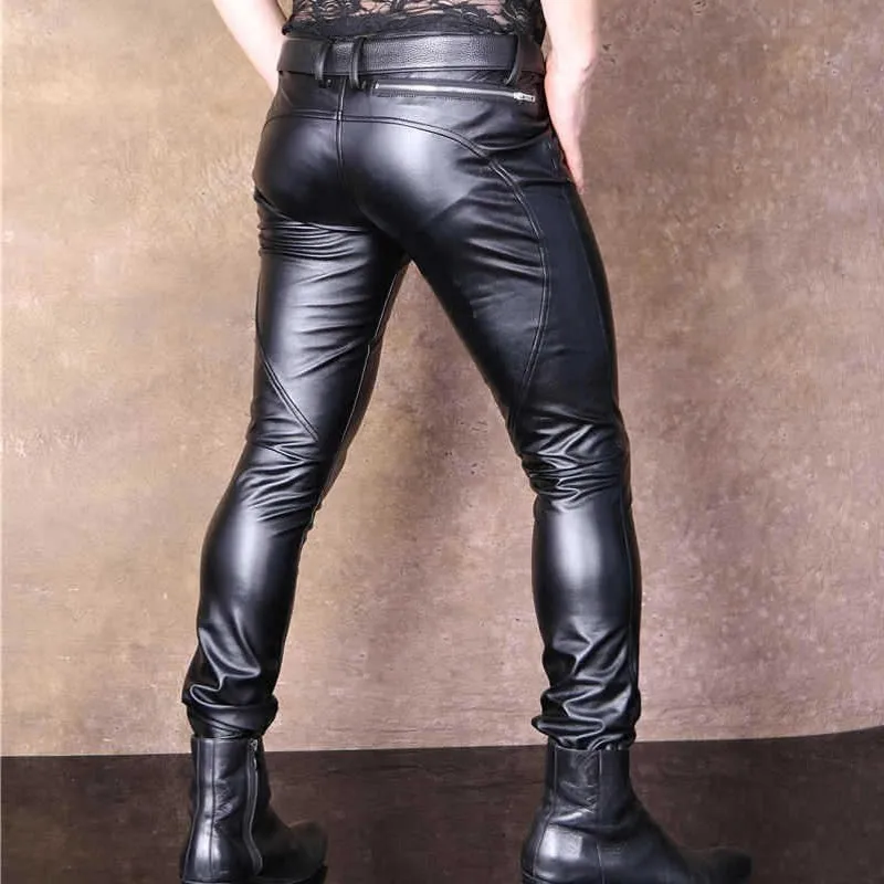 Высокая Эластичность Тощий из искусственной кожи мужские брюки карандаш