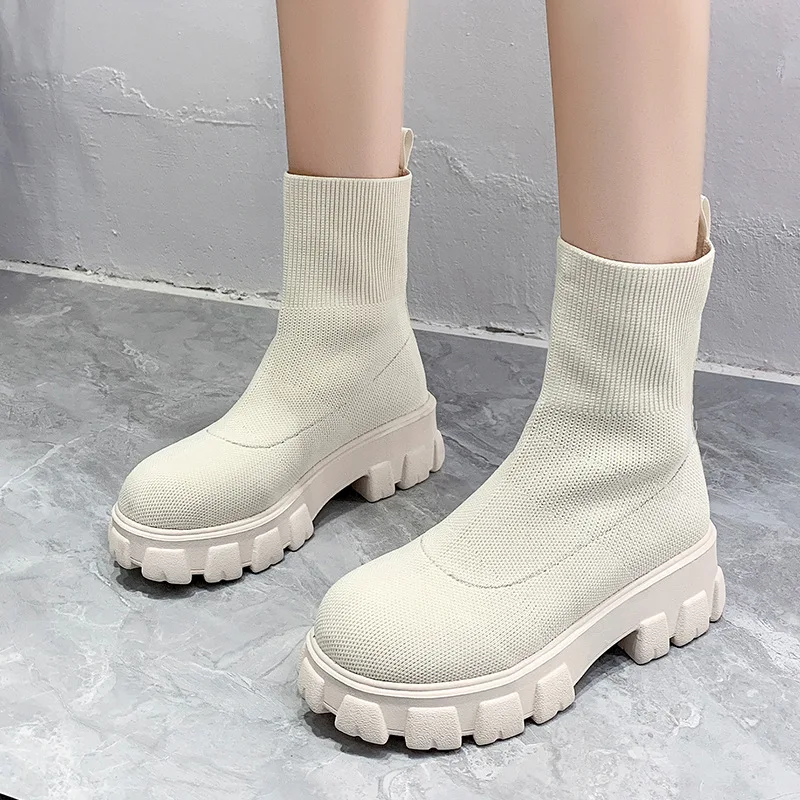 Botas modernas de punto elástico para mujer, zapatos de plataforma de tenis de tacón alto a la moda, para otoño e invierno, 2021
