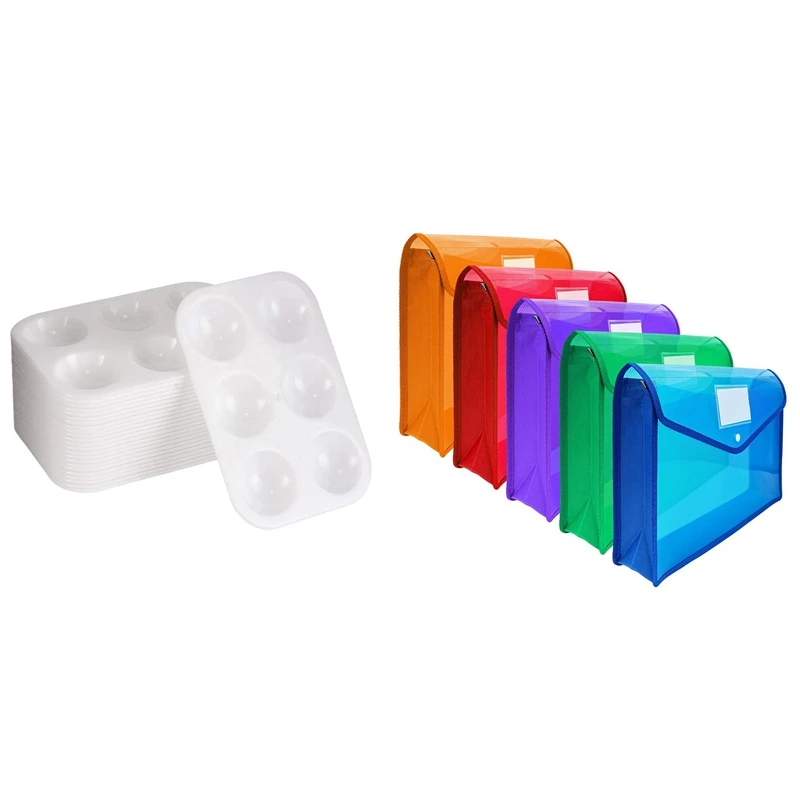 

24 Pieces Plastic Paint Palettes 6 Well , White & 5x File Wallet Envelope Expanding File Folder Document Organizer