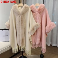 big faux fur collar cloak women party overcoat long winter thick knitted batwing sleeves cape pink tassel loose coat with hat