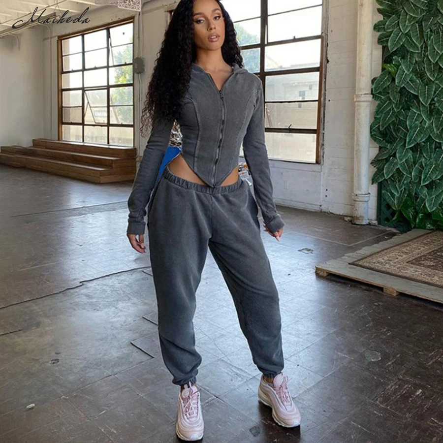 

Macheda Fashion Autumn Winter Two Piecs Set Women Hooded Long Sleeve Top And High Waist Trousers Lady Casual Clothing 2020 New