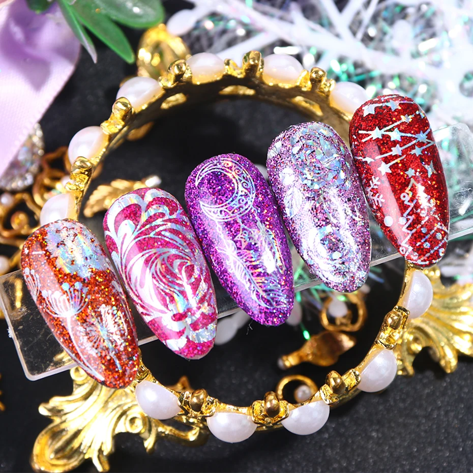 10pc Holographic Foils Nail Transfer Wraps Lace Flower Snowflake Clear Black Adhesive Sticker Set Nail Foil Gradient Tips CH1040