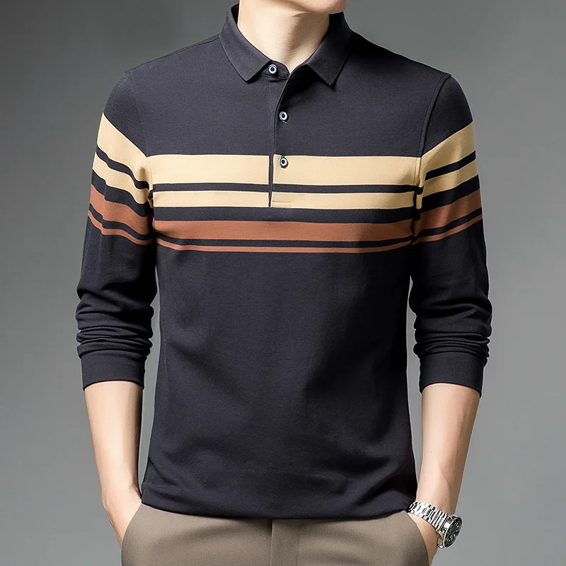 

MLSHP Autumn Winter Long Sleeve Men Polo Shirts Fashion 100% Cotton Business Casual Wide Stripe Man Tops Male Clothing 3XL