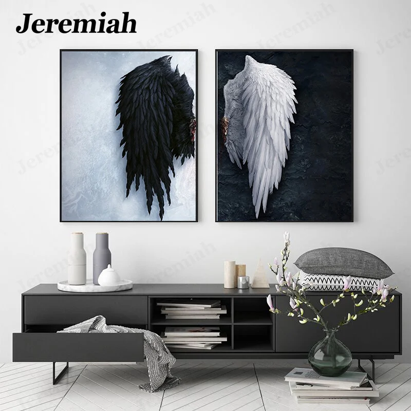 

Fashion Black and White Canvas Poster Hd Modern Angel Wings Feather Picture Wall Art Living Room Decoration Frameless Painting