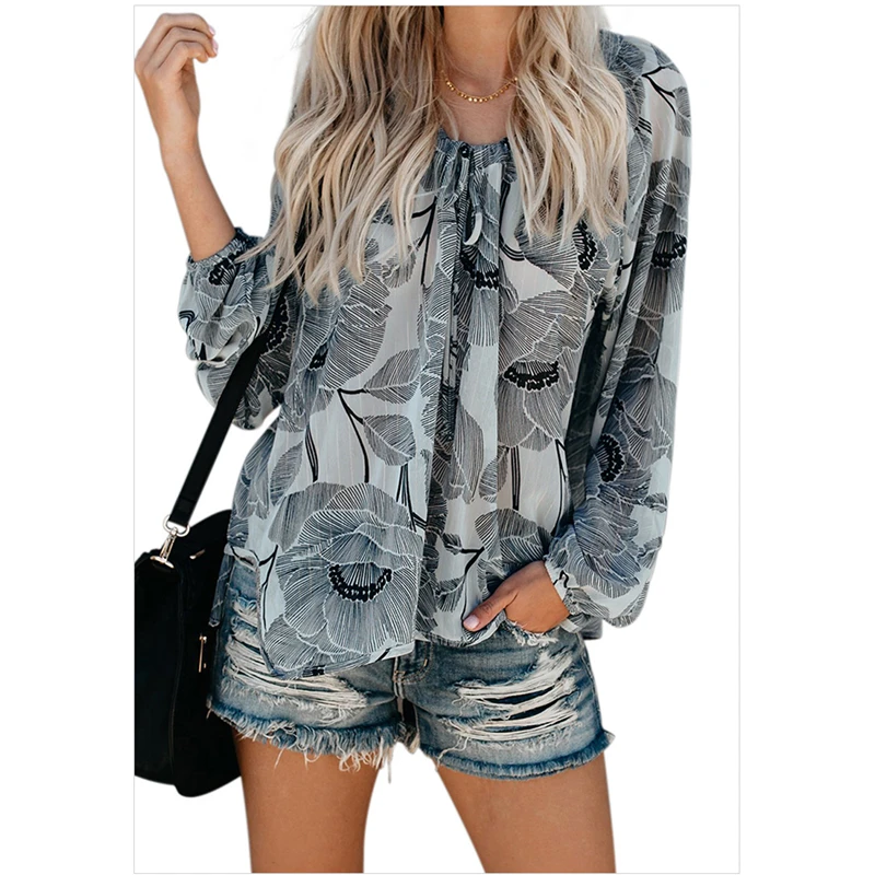 

2020 Autumn Fashion Floral Printing O-neck Long Sleeve Pullover Shirt Loose Drawstring Shirts Tops Womens Retro Chiffon Shirt