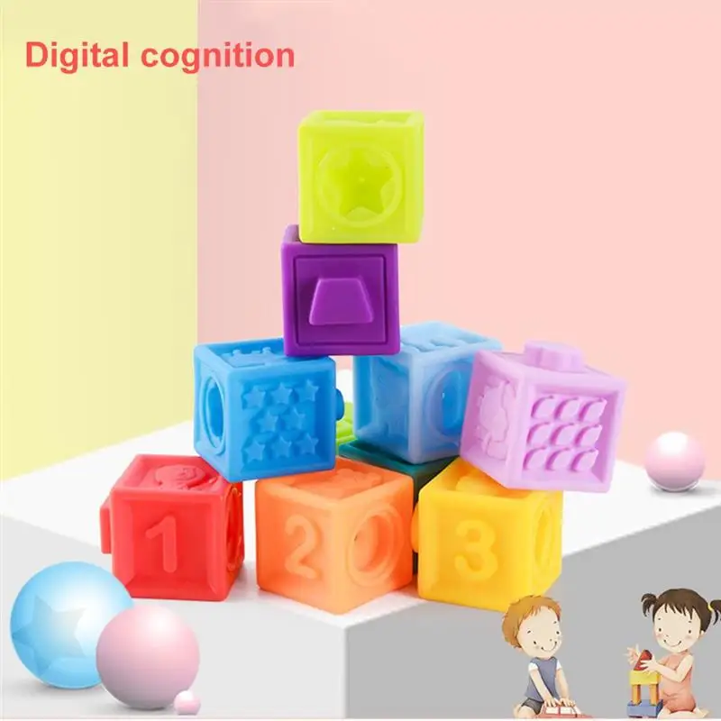 

10 Pcs Baby Blocks Vinyl Stacking Blocks Toys for Babies Early Developmental Teethers Toys with Numbers Animals Shapes