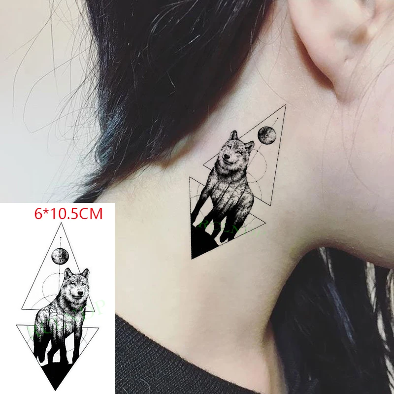 

Waterproof Temporary Tattoo Sticker Wolf Moon Animal Triangle Cool Body Art Flash Tattoo Fake Tattoo for Women Men