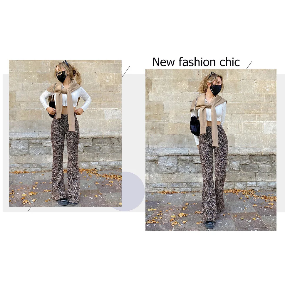 

Y2k Fashion Brown Leopard Pattern Pants Women High Waist Flare Pants Ladies Elegant Casual Aesthetic Trousers 90s style Outfits