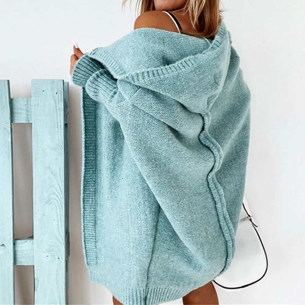 

New Women's Knitted Cardigan Sweater With Cap Collar Temperament Bat-shaped Hoodie Soft Loose Back Sstitching Sweater