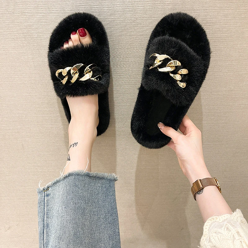 

2021 New Furry Slippers Slippers For Home Casual Thick-Soled Flat-Bottomed Warm Plush Women'S Slippers Women Shoes