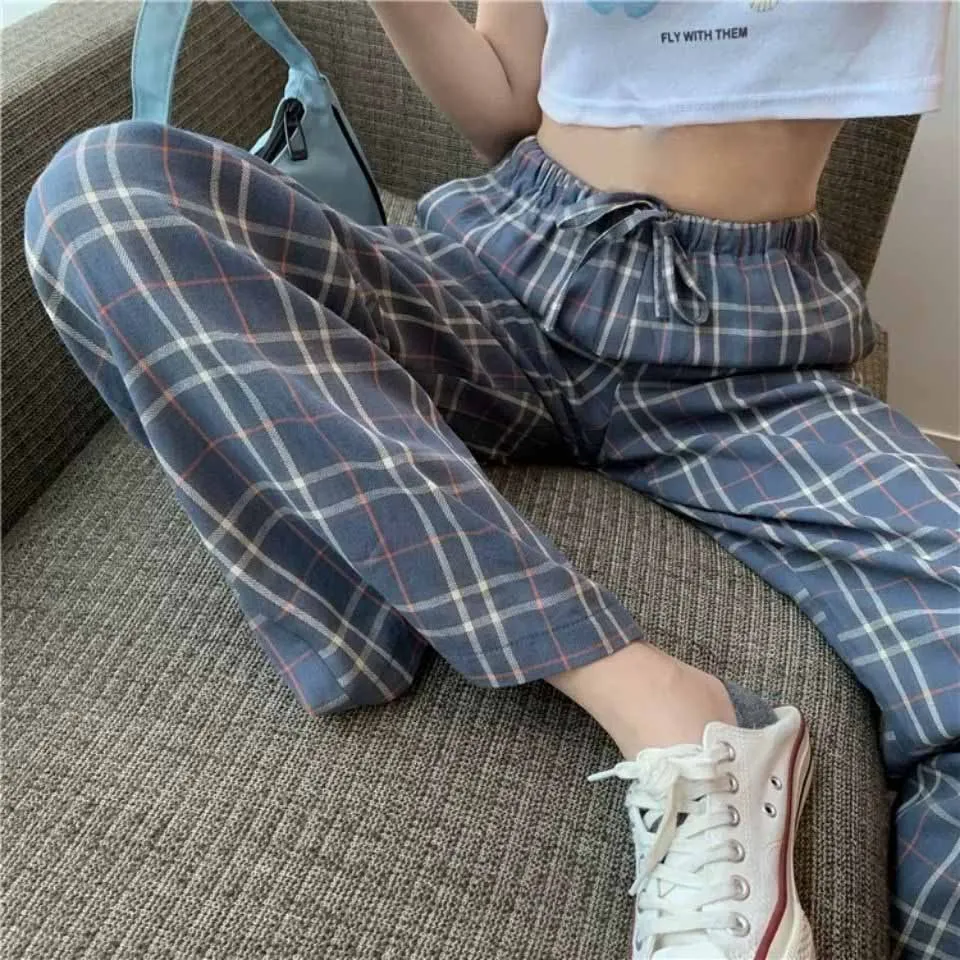 

Casual Pants Women Wide Leg Plaid Summer High Waist Harajuku Large Size 5XL Loose Fashion Streetwear Chic Students All-match New