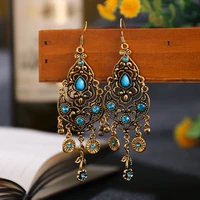 vintage bohemian drop earrings for women ethnic long hollow carved flower golden metal geometric dangle earrings female jewelry