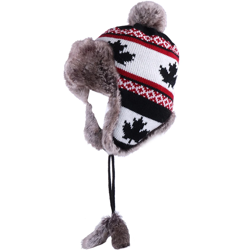 Женская шерстяная шапка ушанка вязаная авиатора с помпоном и Кленовым листом из