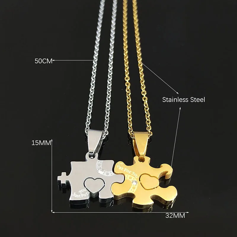 

2PCS Puzzle Love Heart Stainless Steel Crystal Couple Chain Necklaces Gold Silver Color Jewelry acero inoxidable joyeria NXS01