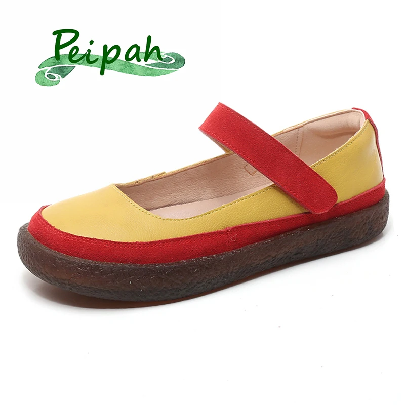 

PEIPAH Mixed Colors Genuine Leather Shoes Woman Mary Janes Slip on Ballet Flats Female Shallow Casual Harajuku Shoes Plus Size