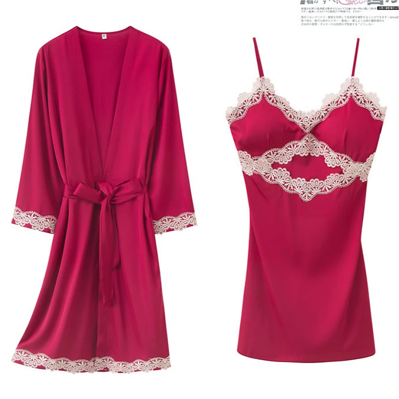 

Women's sexy lingerie mini dress with chest strap long sleeve nightdress silk satin lace Robe ladies summer home clothes 2PCS