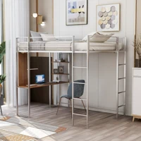 Full Size Metal Loft Bed Frame with 2 Shelves and 1 Desk 71.7''Hx57''Wx80''L Silver/Black/White[US-Depot]