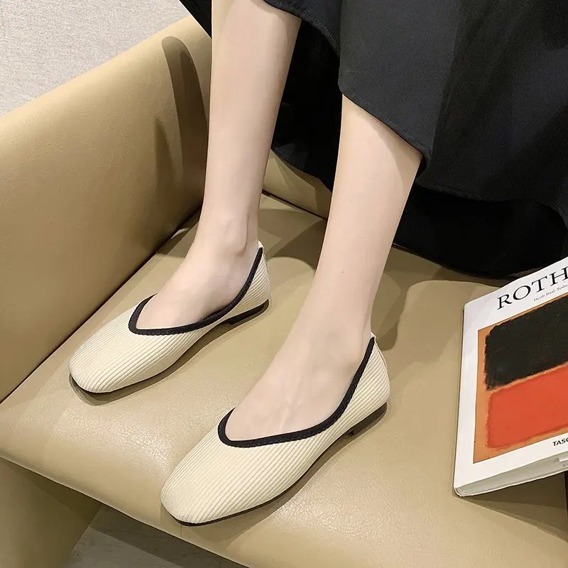 

Women Flats Shoes Stripes Ballet Hot Knitting Square Toe Single Shoes Woman Breathable Soft Sole Moccasins Flats Shallow Loafers