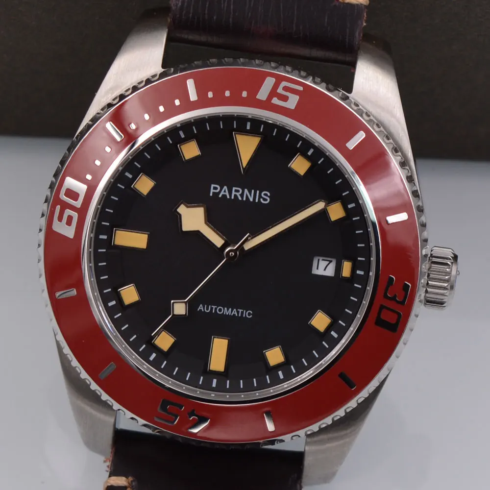 Parnis 43mm Black dial Brown leather strap automatic men's fashion casual mechanical watch | Наручные часы