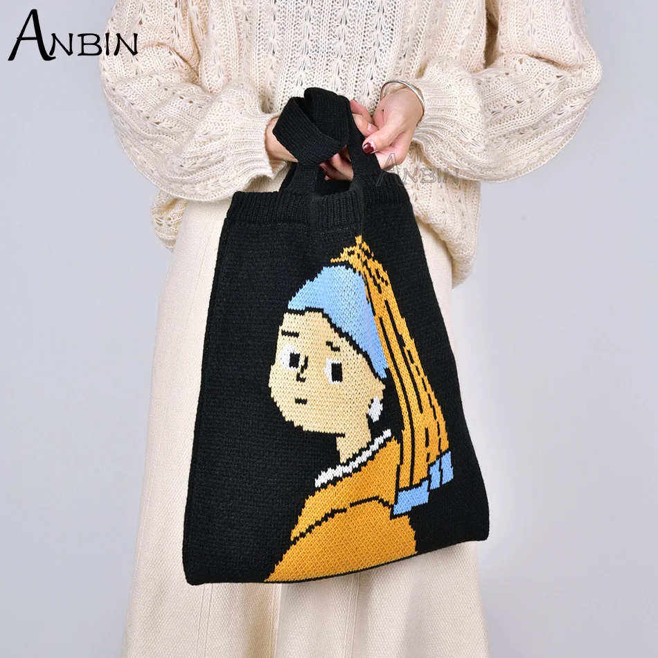 

Classical Girl Pattern Knitting Tote Anime Woolen Women Winter Shoulder Bags Cute Woven Lady Handbags Casual Large Shopping Bag