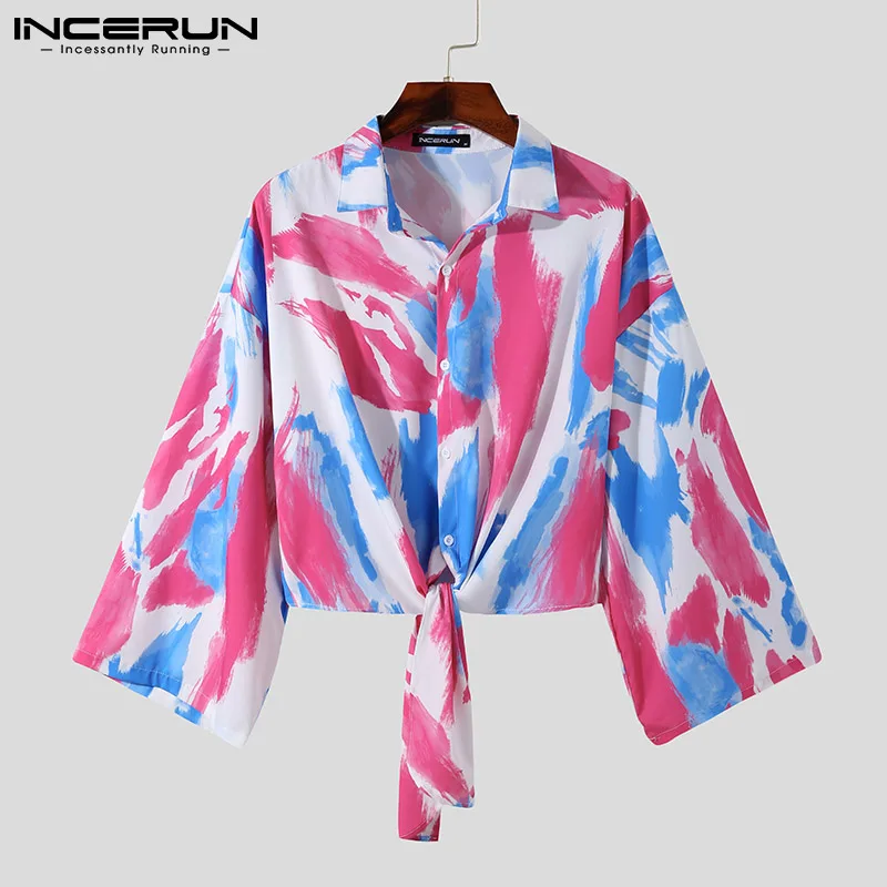 

Men Irregular Shirt Tie Dye Streetwear Lapel Button Long Sleeve Loose Camisa Masculina 2021 Vacation Casual Hawaiian Shirts 3XL