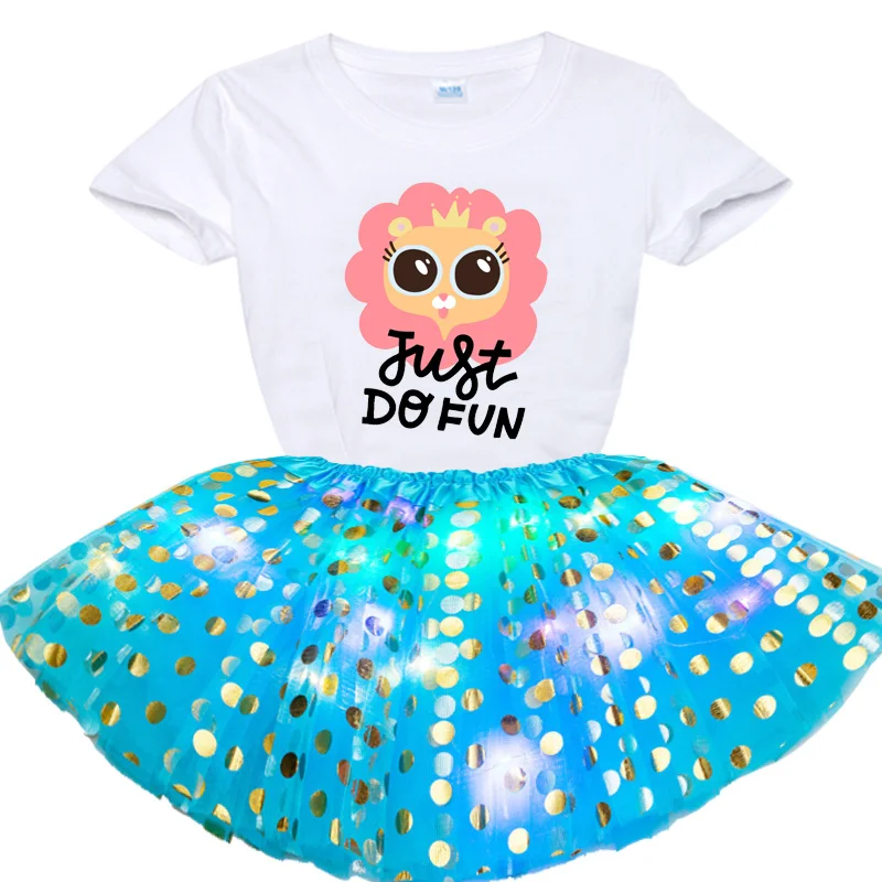 T Shirt+Glowing Skirts Set Kids Mesh Miniskirts Girls Princess Stars Glitter Dance Ballet Tutu Sequin Party Girl Glowing Skirt