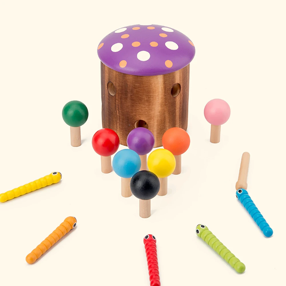 

Baby Early Educational Toys Wooden Mushrooms Insect Catching Games Puzzle Toys For Children Training Concentration