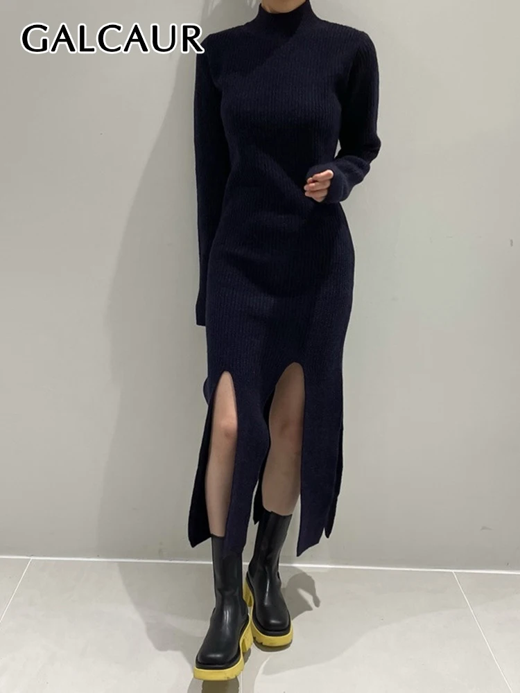 

Повседневное платье GALCAUR для женщин, однотонные минималистичные Платья-миди с высоким воротником и длинным рукавом, женская модная одежда в...
