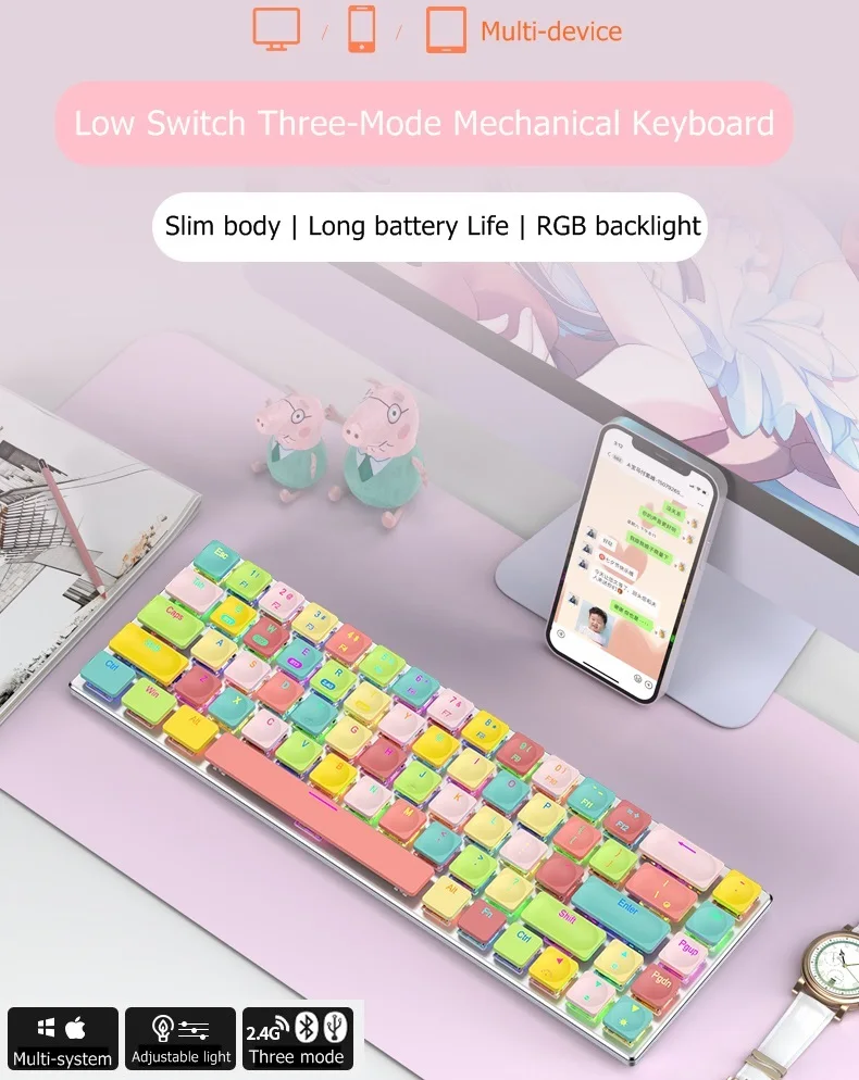 

Новая технология, миниатюрная портативная Bluetooth беспроводная/2,4G/Проводная Механическая клавиатура с тремя режимами, низкий механический п...