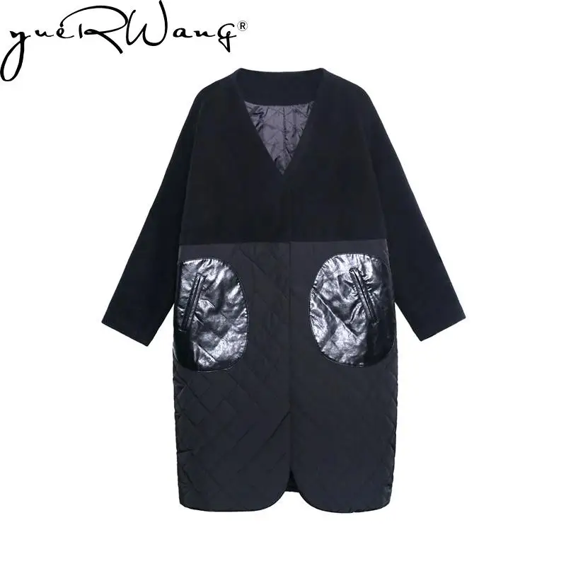 

Yuerwang Women Coat V-neck Patchwork Black Long Parkas Coats Vintage Casual Warm Lining Women Winter Overcoat 2021 New Fashion