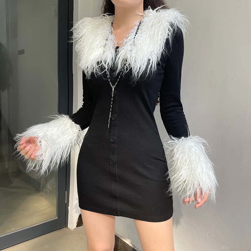 

2021 New White Fur Patchwork Mini Dresses Elegant Cute Single-breasted Dress Y2K Fashion Kawaii Retro Grunge aesthetic Outfits