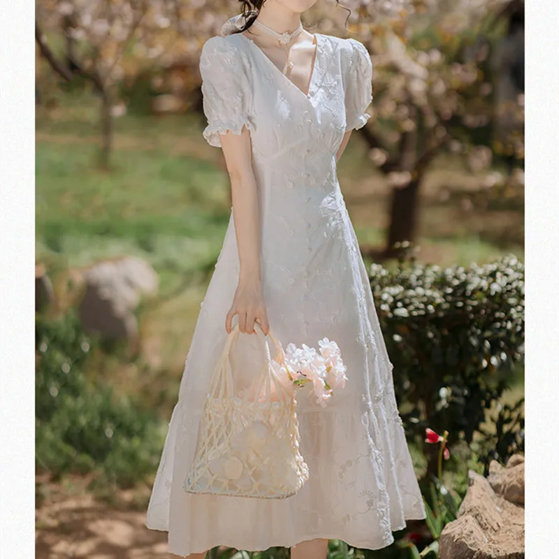 

Vintage Fashion Casual Office Lady 2021 Summer New Print Patchwork Puff Sleeve V-Neck Design Solid Color Vestidos Thin Dress
