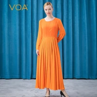 voa silk 30mm orange round neck contrast georgette shirt sleeve mid waist jacquard panel pleated skirt woman dress ae616