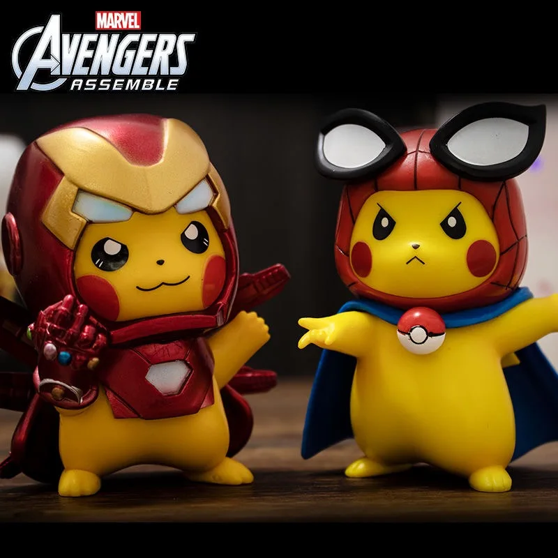

Genuine Pokémon Pikachu Cosplay The Avengers Anime Figure Spiderman Deadpool Iron Man Doll About 15cm Kawaii Toys for Children