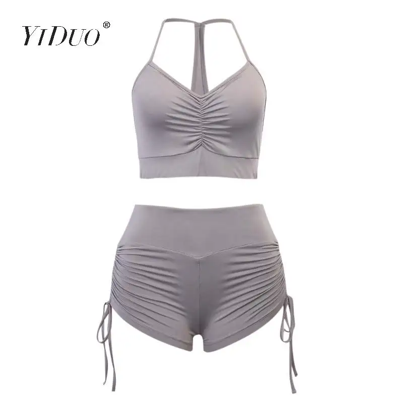 

YiDuo Sexy Pleated Fitness Sports Two Piece Set Low Cut Women Halter Crop Top+ Drawstring High Waist Shorts Outfits Tracksuit