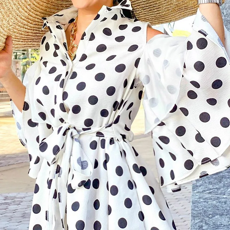 

Spring Autumn Women New Lapel A-line Dress Casual Flared Sleeves Dots Printed Dress Elegant Off Shoulder Buttons Chiffon Dresses