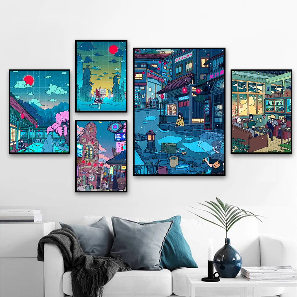 

Wall Art Anime HD Cartoon View Street Poster Home Decoration Night Tree Cute Painting Bedroom Modular Posters Canvas Painting