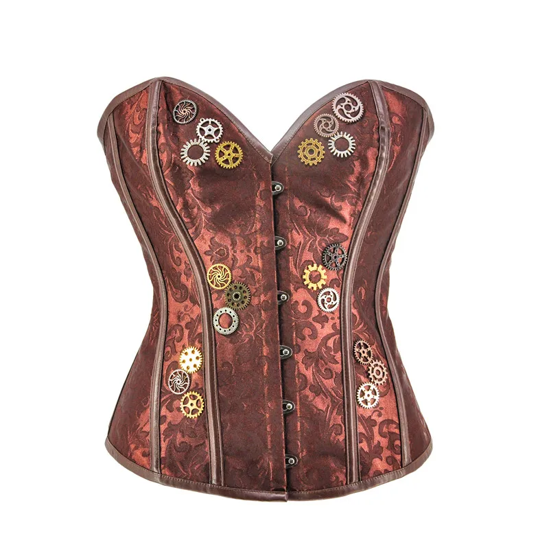 Женское Бюстье в стиле стимпанк Корсет Топ коричневый жаккард с зубчатой
