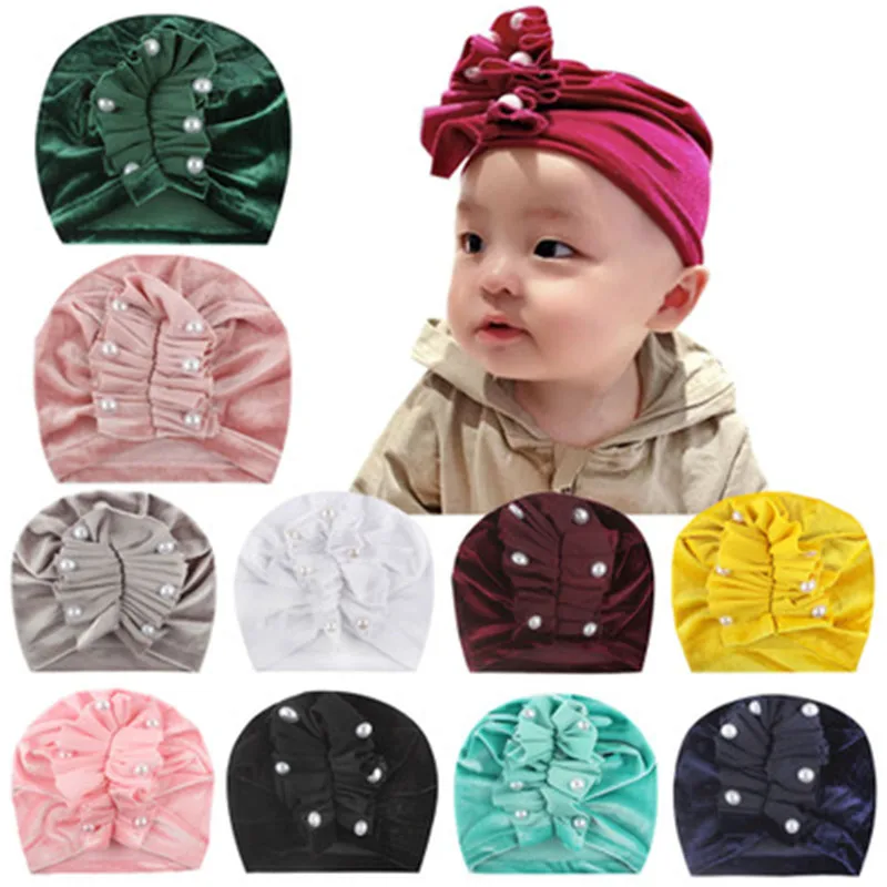 

New Infant Newborn Caps with Pearl folding Flowers velvet Blend Knot Turban Girls Stretchy Beanie Hat Baby Hair Accessories