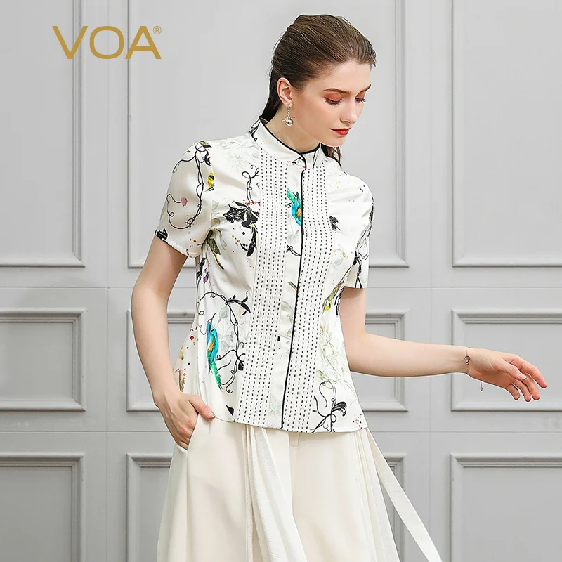 Блузка VOA женская летняя шелковая с коротким рукавом и ярким рисунком|Рубашки| |